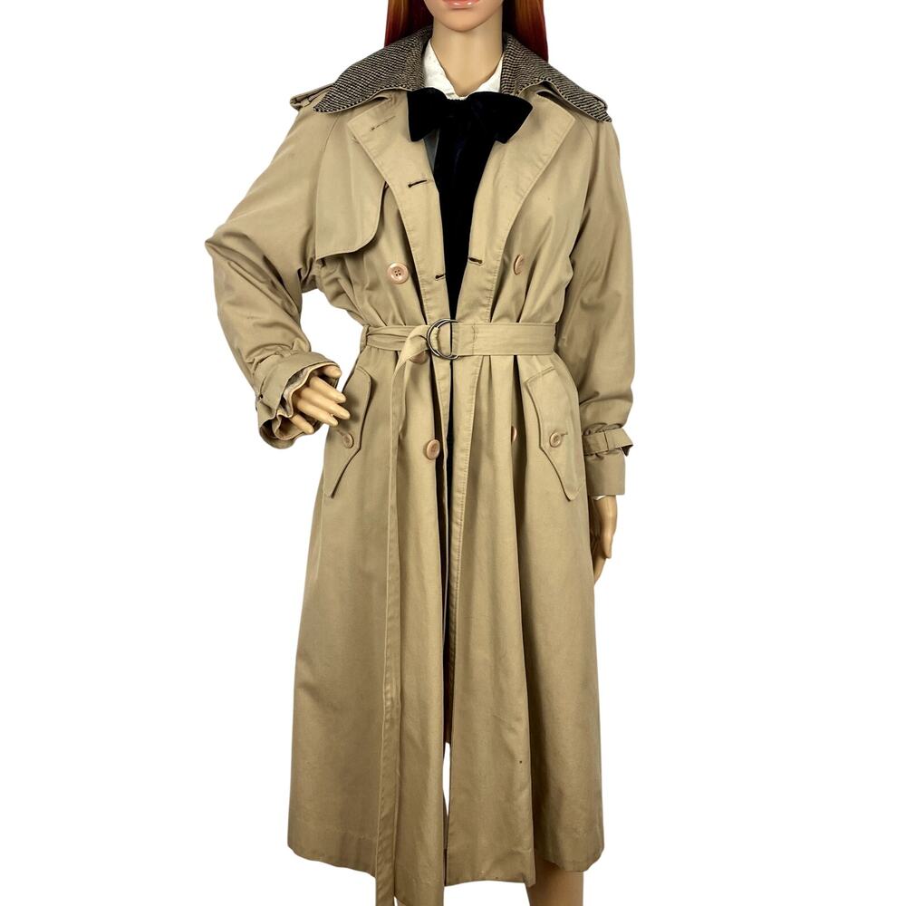 Vintage Tan Trench Coat Houndstooth Lined Belted Coat Womens Size S/M